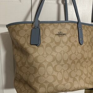 Coach Beige Signature Tote with Light Blue Trim